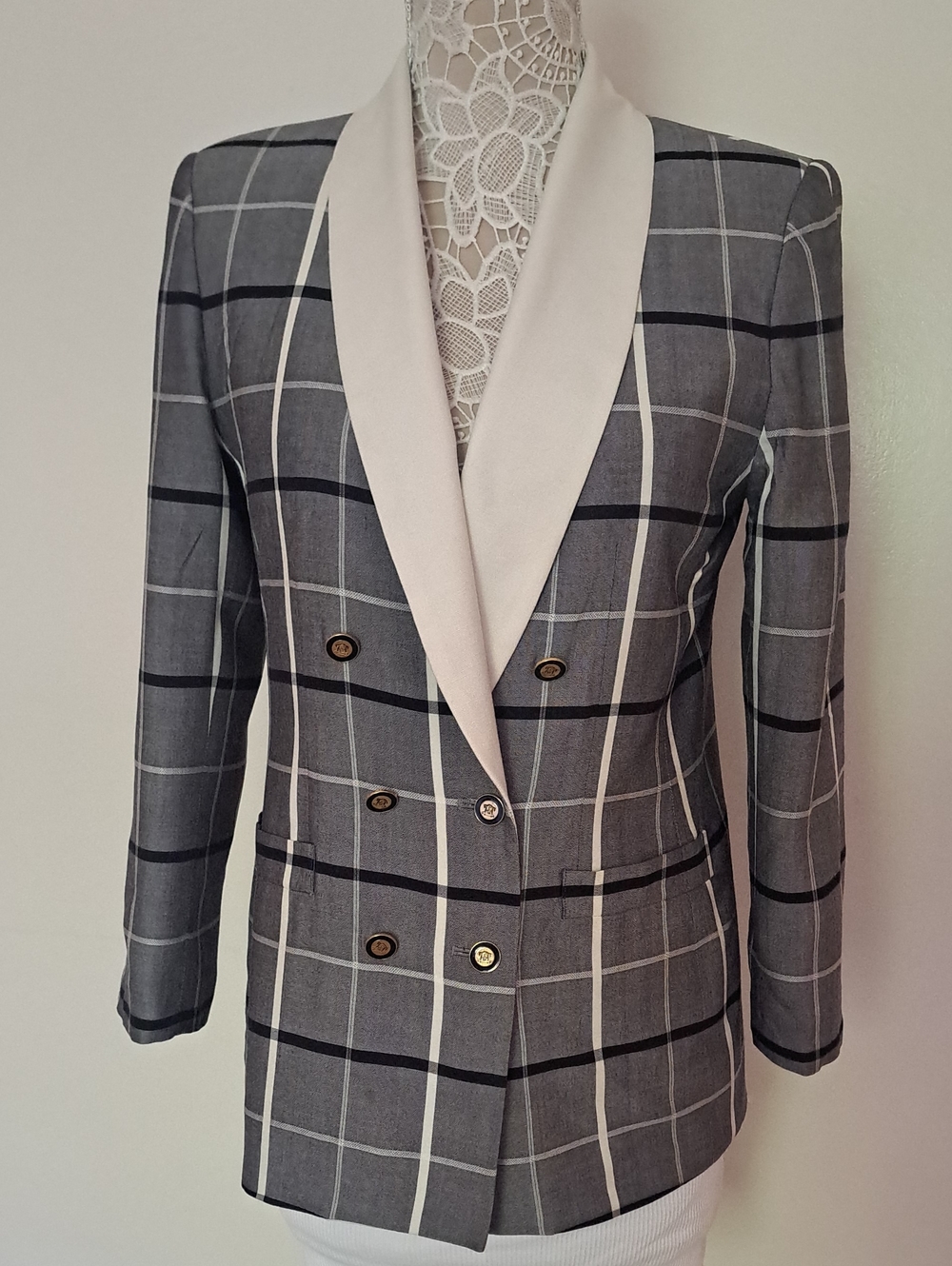 Petite Sophisticate Gray Windowpane Blazer with Cream Shawl Collar